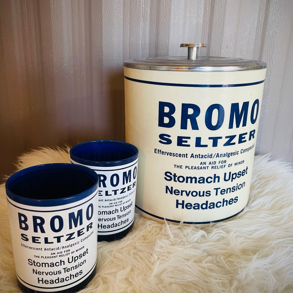 RARE Vintage Bromo Seltzer Ice Bucket / 2 Cobalt Blue Drinking Glasses Promo set